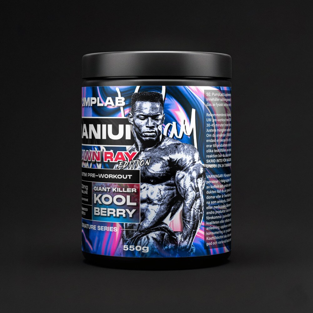 URANIUM Shawn Ray Edition full stim pre-workout tub, side view of label, PumpLab Signature Series, Kool Berry