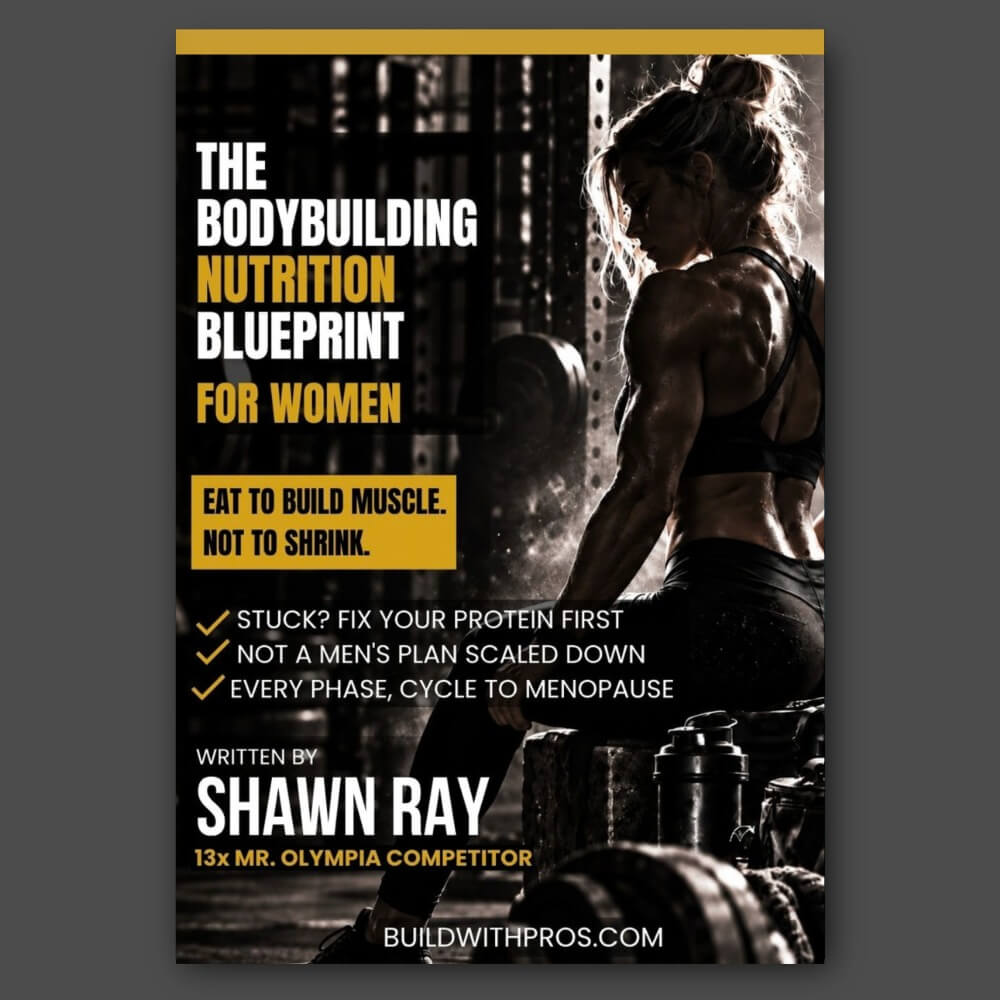 PDF guide cover for The Bodybuilding Nutrition Blueprint for Women by Shawn Ray, a female bodybuilding diet for lean muscle