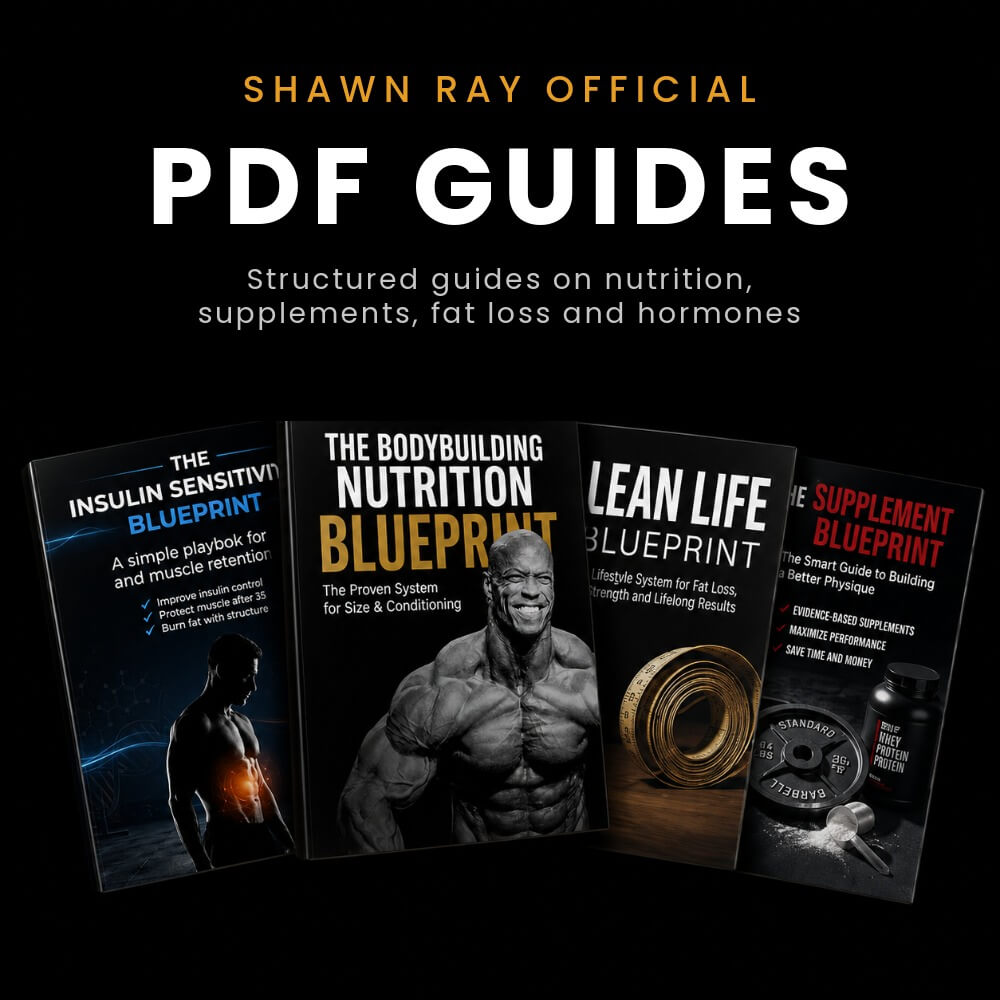 Promotional image of Shawn Ray official PDF guides on nutrition and supplements with a black background.