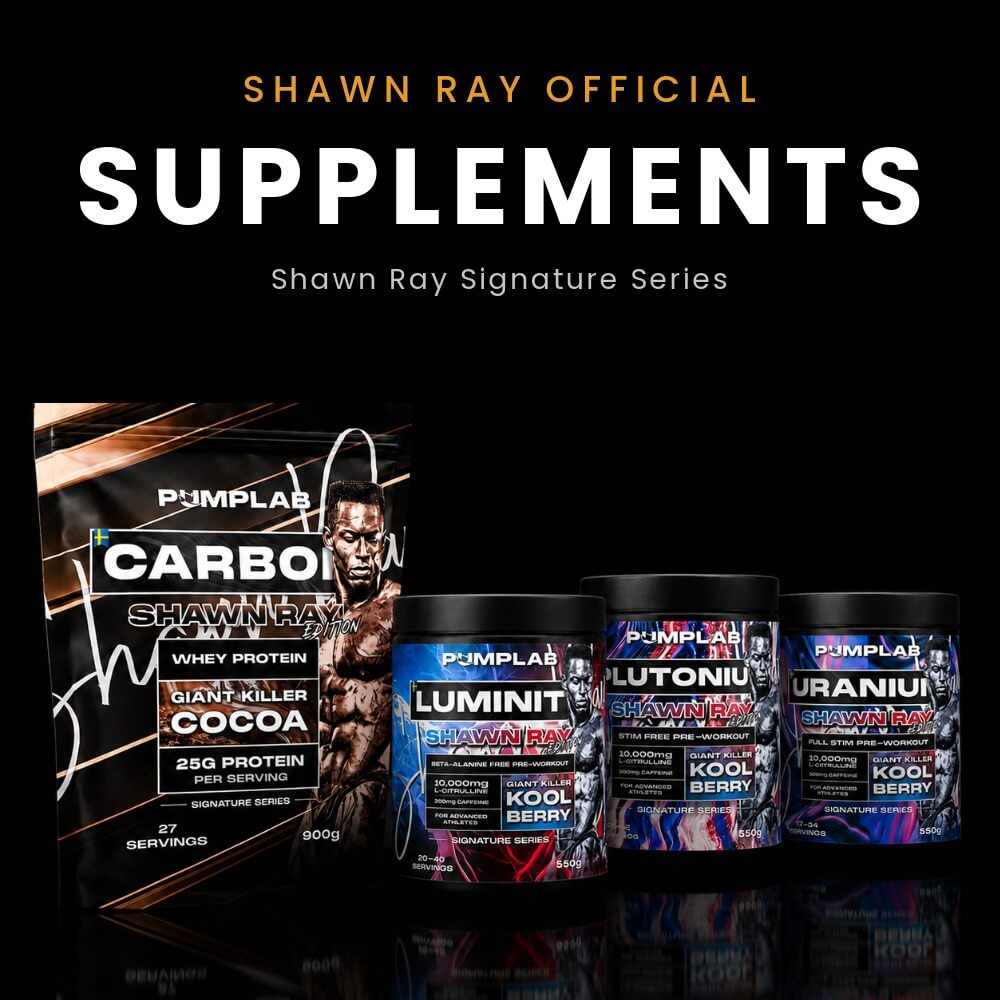 Shawn Ray Signature Series by PumpLab, four supplements: CARBON whey protein, LUMINITE, PLUTONIUM and URANIUM pre-workouts