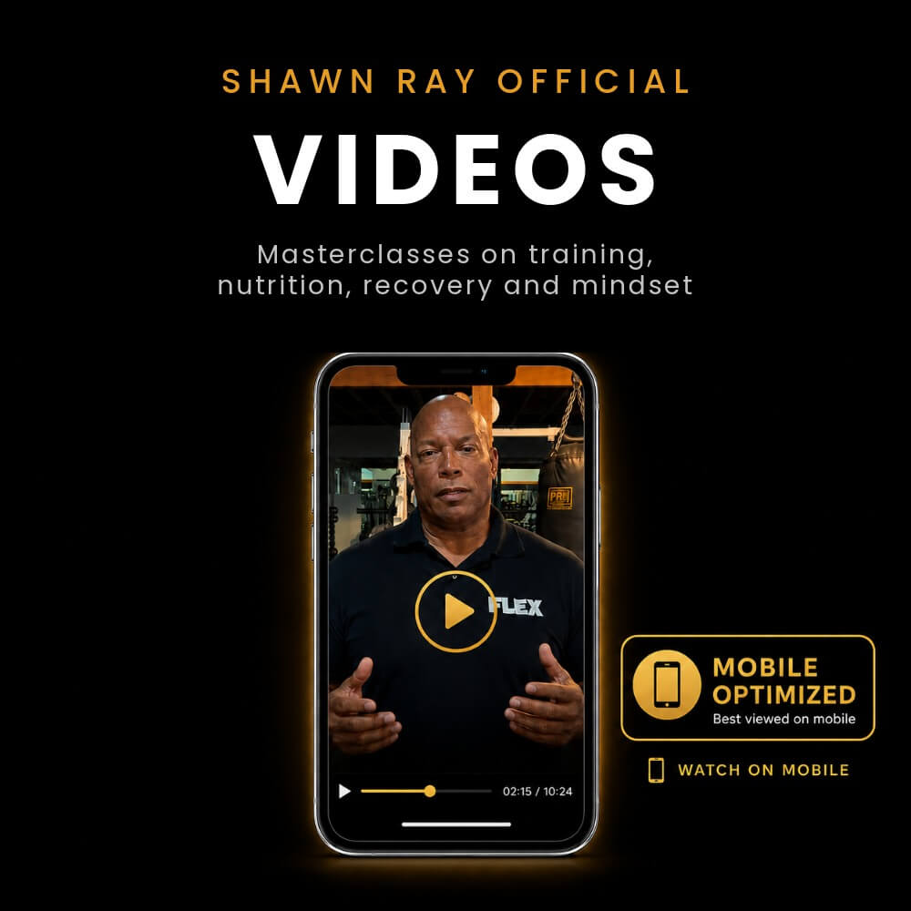 Promotional graphic for Shawn Ray's videos on training, nutrition, recovery, and mindset with a phone displaying a video.