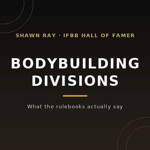Dark title card reading Bodybuilding Divisions, with the subline What the rulebooks actually say, from IFBB Hall of Famer Shawn Ray on BuildWithPros.