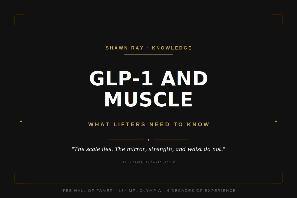 GLP-1 and muscle preservation for lifters — BuildWithPros article cover featuring the title Keeping Motivation Alive style design with Shawn Ray byline, based on the IFBB Hall of Famer's methodology for protecting muscle during weight loss