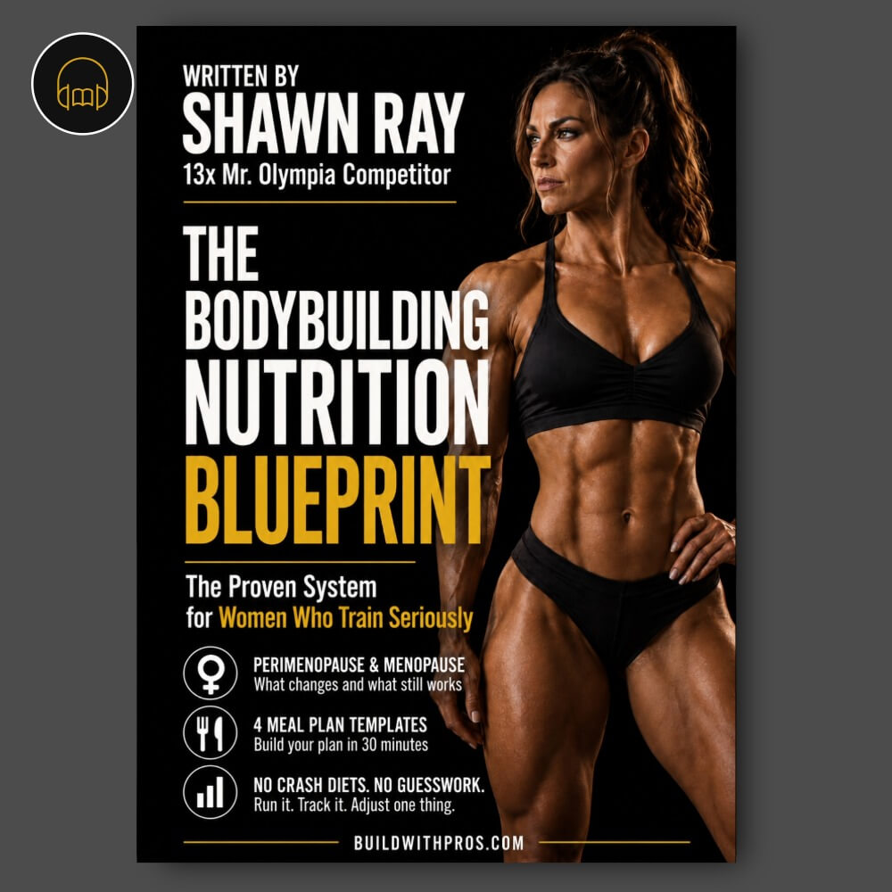 Audiobook cover for The Bodybuilding Nutrition Blueprint for Women by Shawn Ray, nutrition for the serious female lifter through perimenopause and menopause