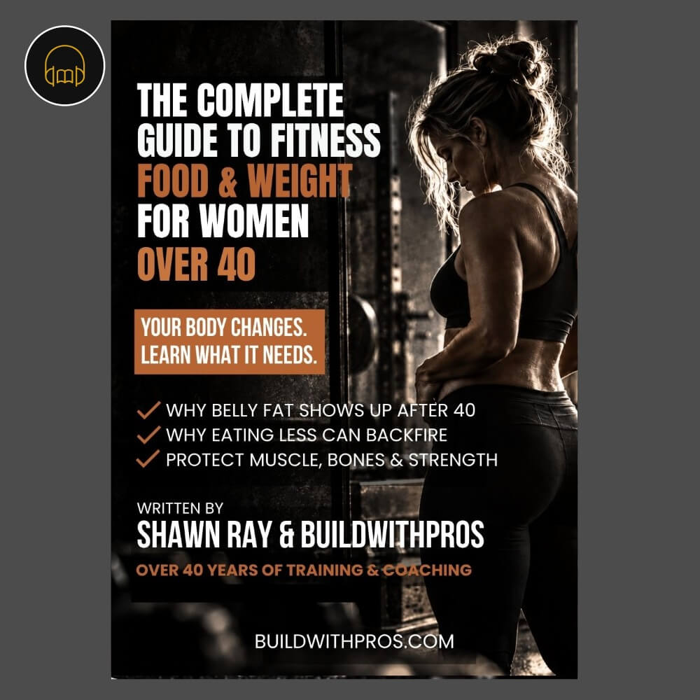 Audiobook cover for The Complete Guide to Fitness, Food and Weight for Women Over 40 by Shawn Ray and BuildWithPros, a perimenopause workout plan