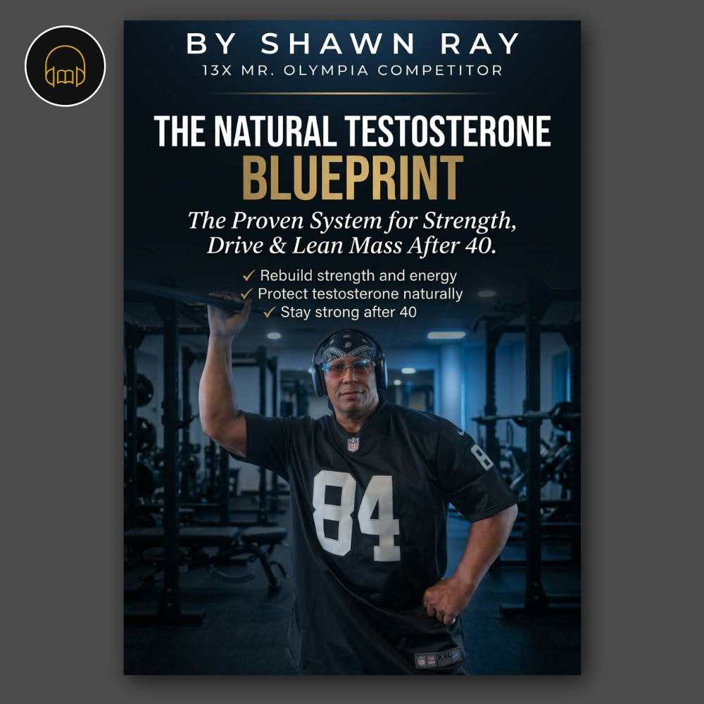 Audiobook cover for The Natural Testosterone Blueprint by Shawn Ray, the proven system for strength and drive after 40