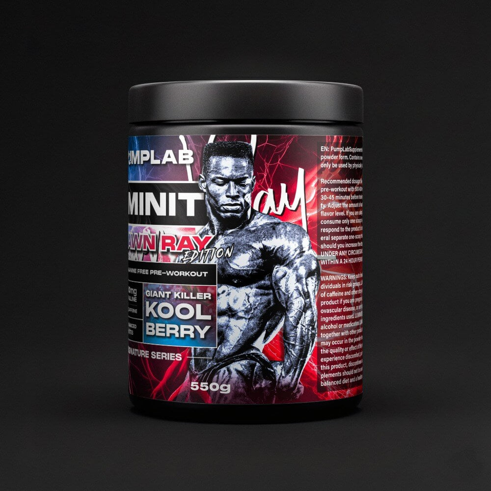 LUMINITE Shawn Ray Edition pre-workout tub, side view of label, PumpLab Signature Series, Kool Berry