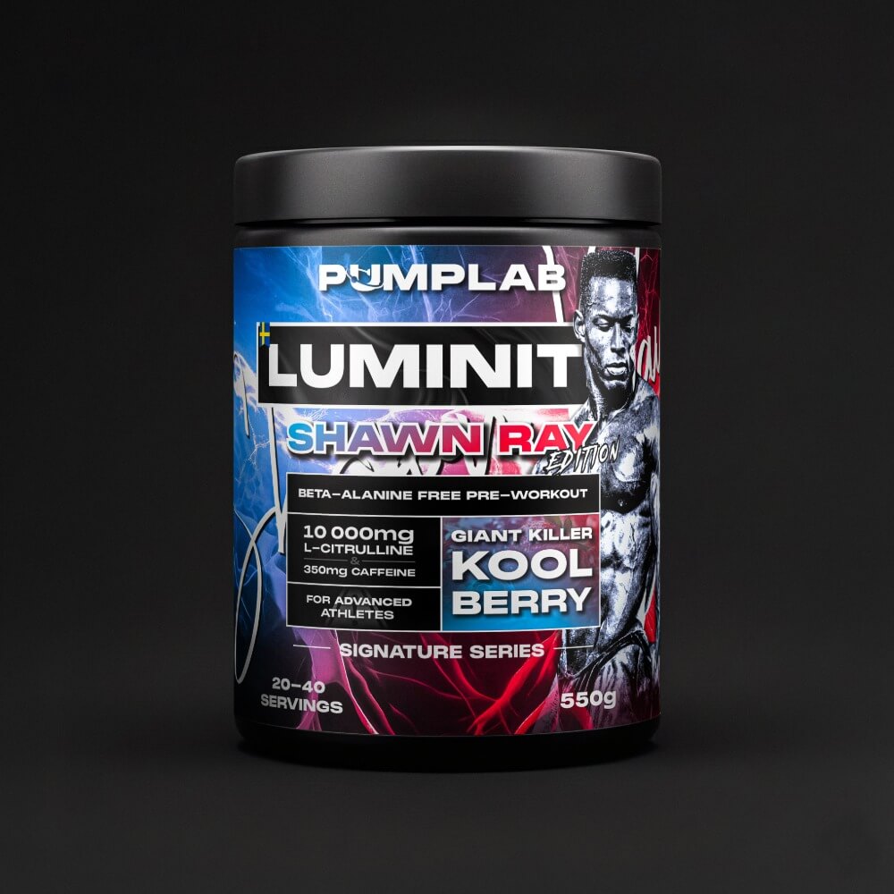 LUMINITE Shawn Ray Edition pre-workout tub, PumpLab Signature Series, beta-alanine free, Giant Killer Kool Berry, 550g