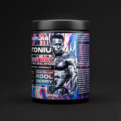 PLUTONIUM Shawn Ray Edition stim free pre-workout tub, side view of label, PumpLab Signature Series, Kool Berry