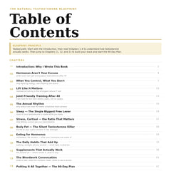 Table of Contents for The Natural Testosterone Blueprint by Shawn Ray — 13 chapters covering training, sleep, nutrition, and the 90-day plan.